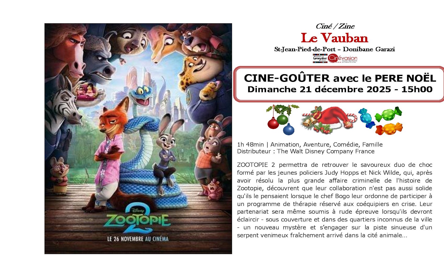 Ciné goûter avec le Père Noël : film Zootopie 2