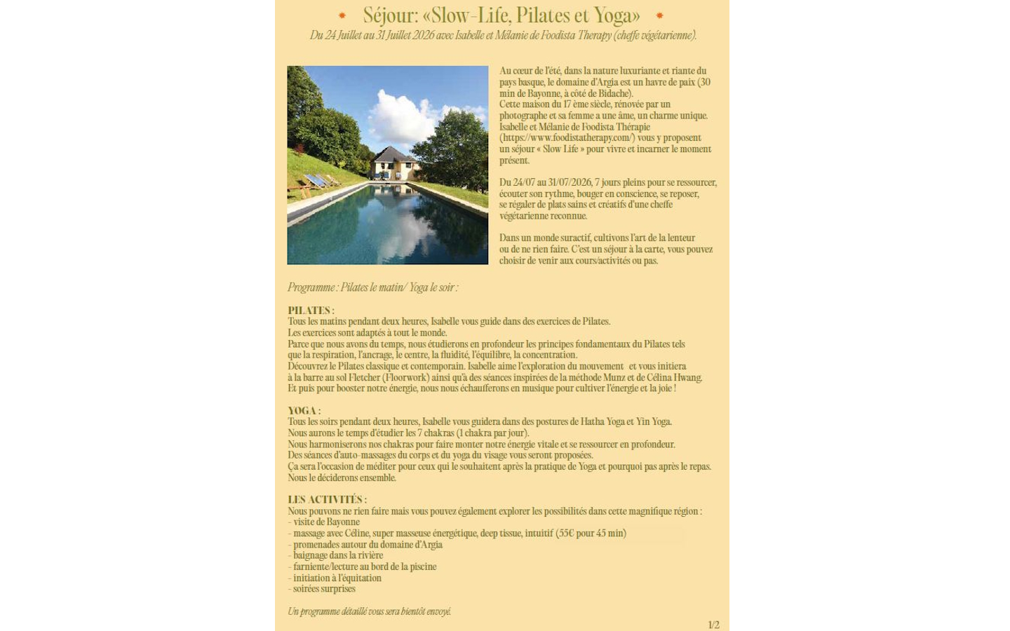 Séjour Slow-life, Pilates et Yoga