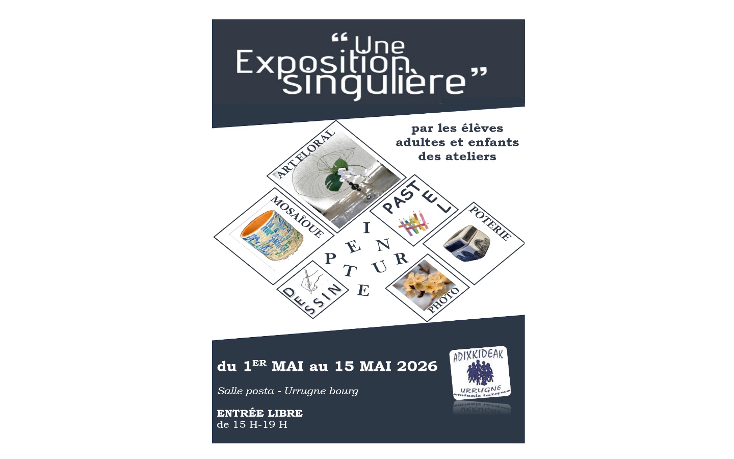 Exposition de peintures, poteries, art floral, ...