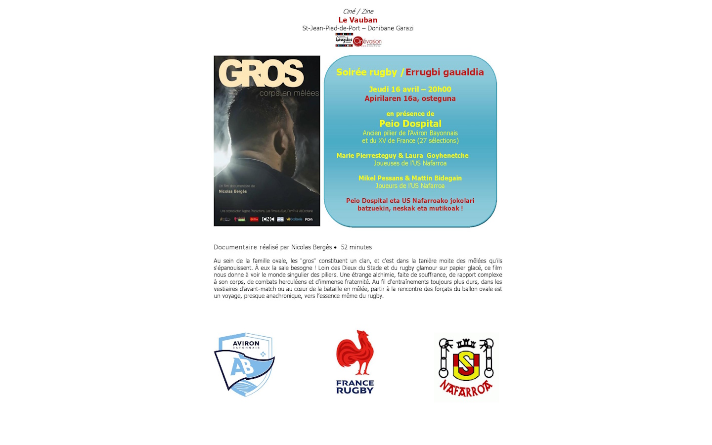 Soirée rugby /Errugbi gaualdia. En présence de ...