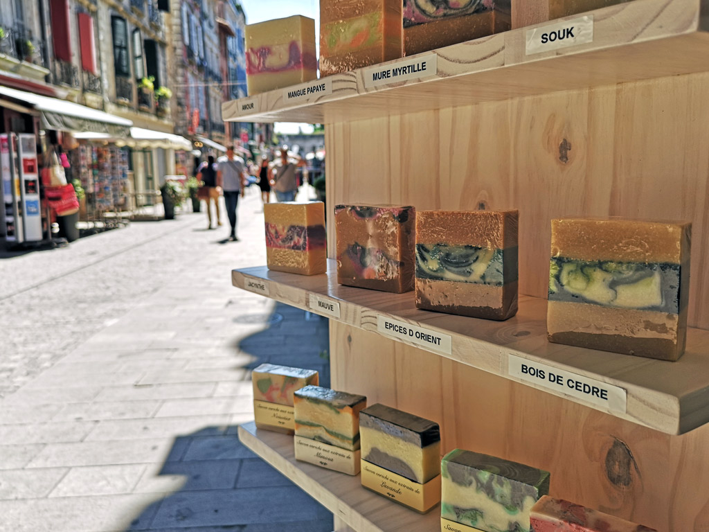 Artisan soaps on the outdoor display stand
